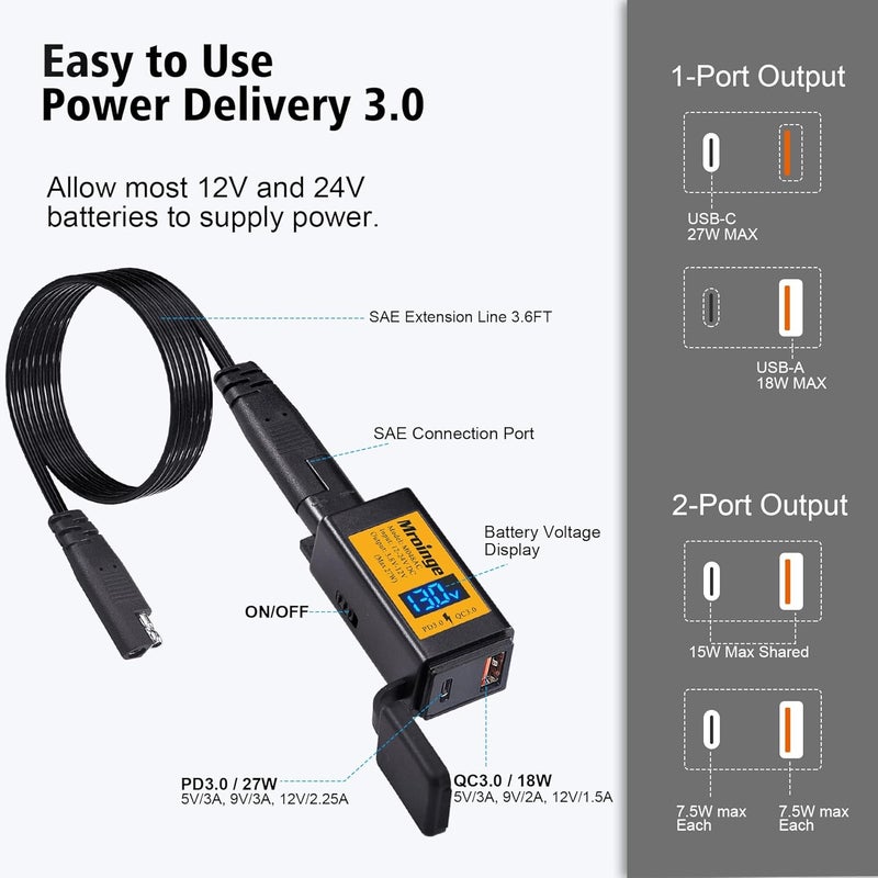 Mroinge Motorcycle USB-C Charger, SAE to USB Adapter, 27W Dual Port USB Fast Charger with Voltmeter/Ammeter and ON/Off Switch, Perfect for Phone, Tablet, GPS etc Charging - Image 3